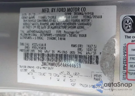 2010 Mercury Milan Premier z USA, uszkodzony, nr VIN 3MEHM0JG4AR644653